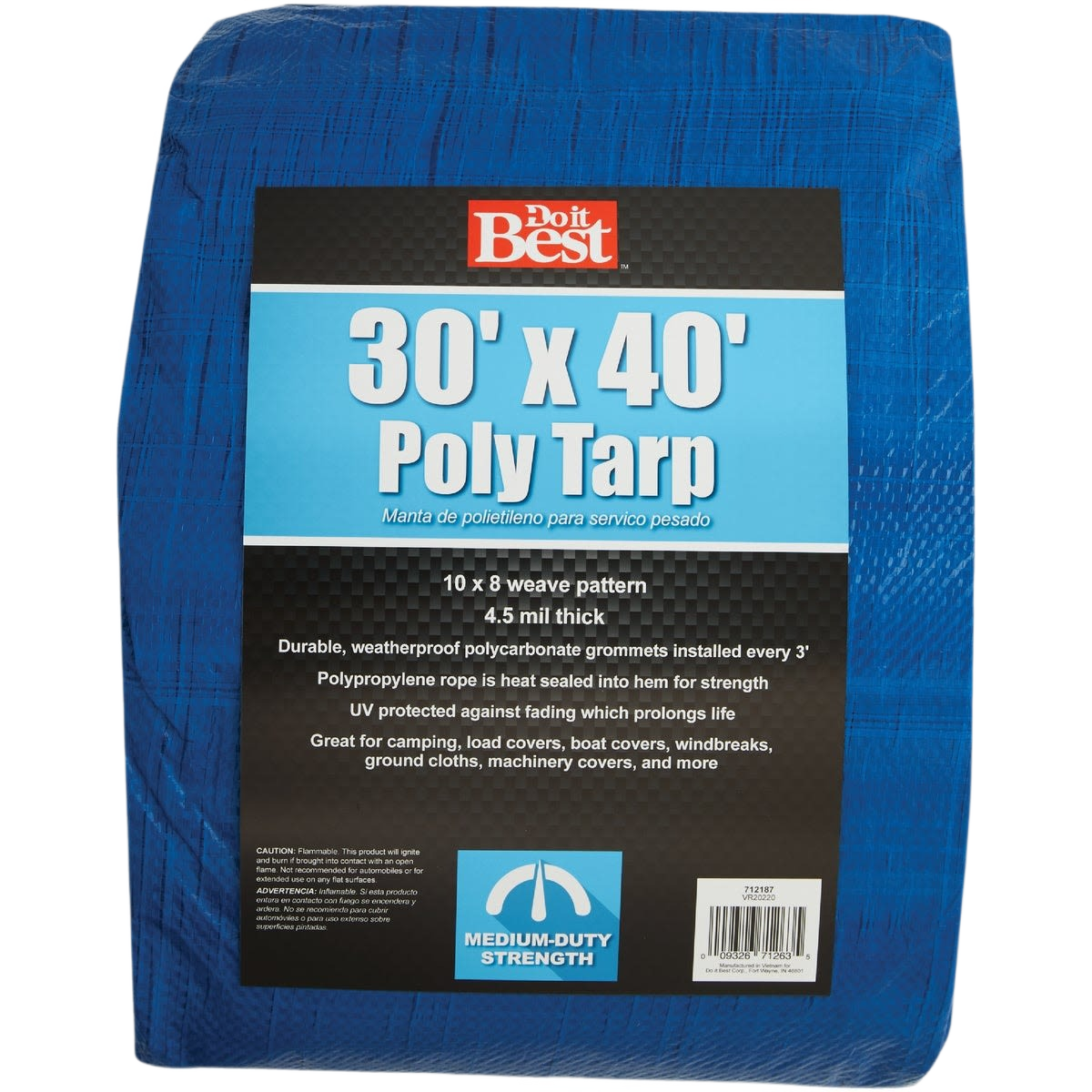 Blue medium-duty poly tarp with reinforced edges and grommets for durable home improvement and outdoor use