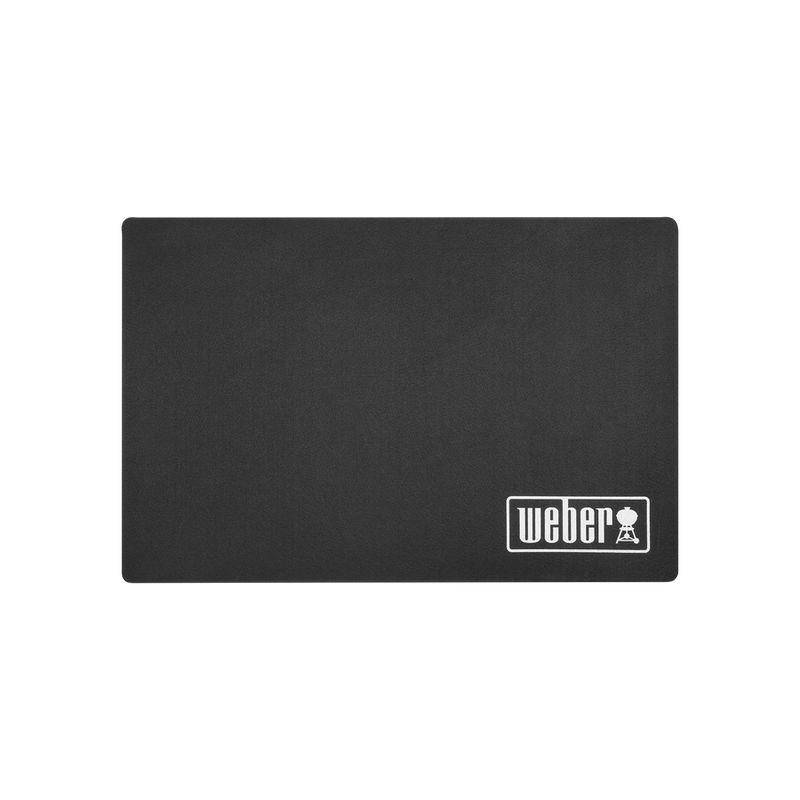 Black floor mat with Weber logo designed for grill protection and outdoor living spaces under $50.