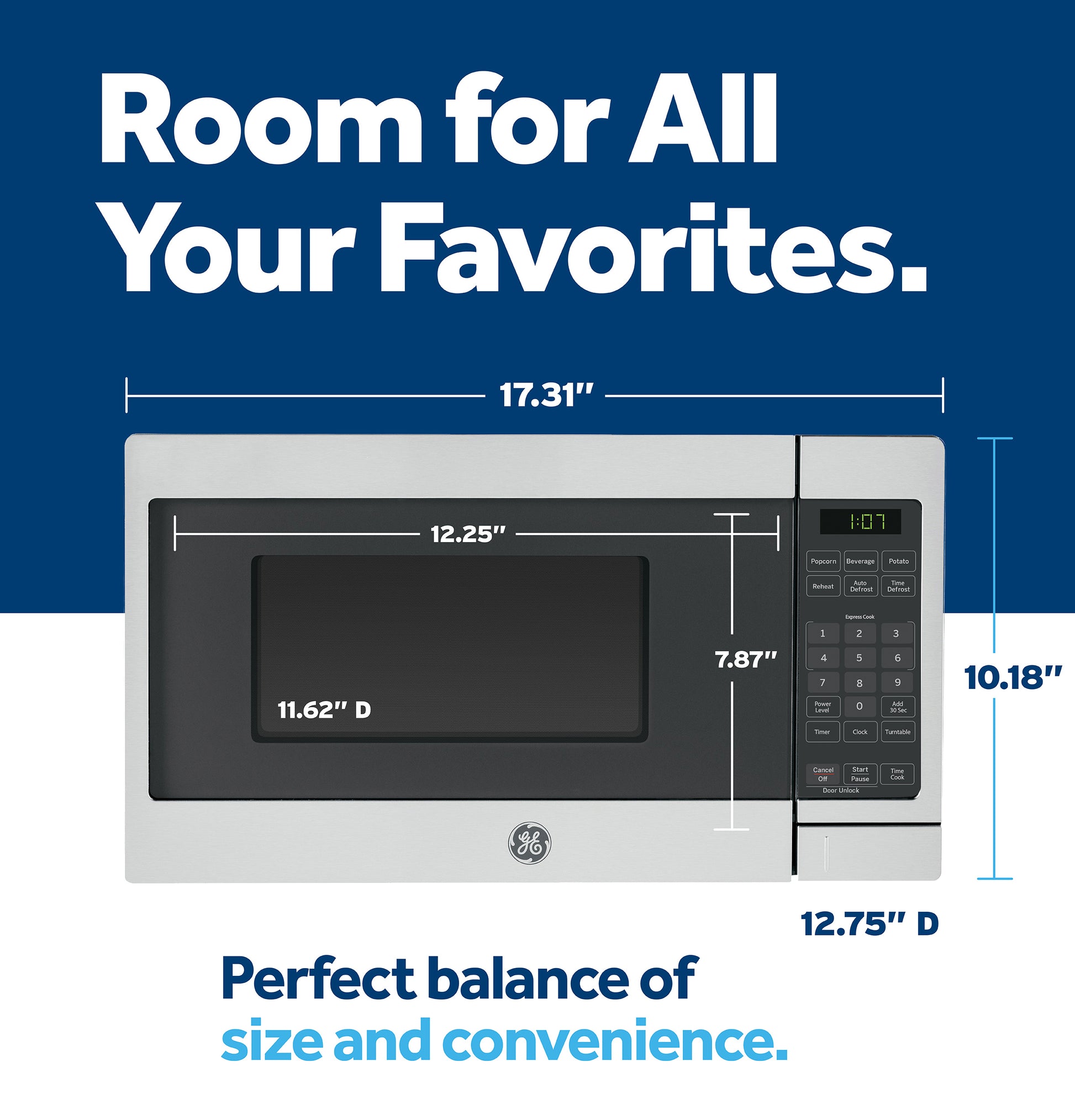 Stainless steel countertop microwave with digital control panel and dimensions displayed in kitchen appliances collection