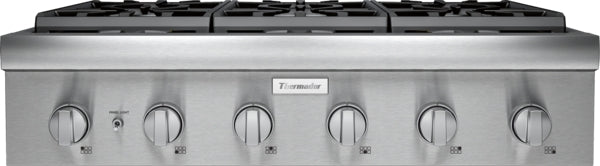 36-inch stainless steel gas rangetop with continuous cast iron grates and professional control knobs for kitchen cooktops