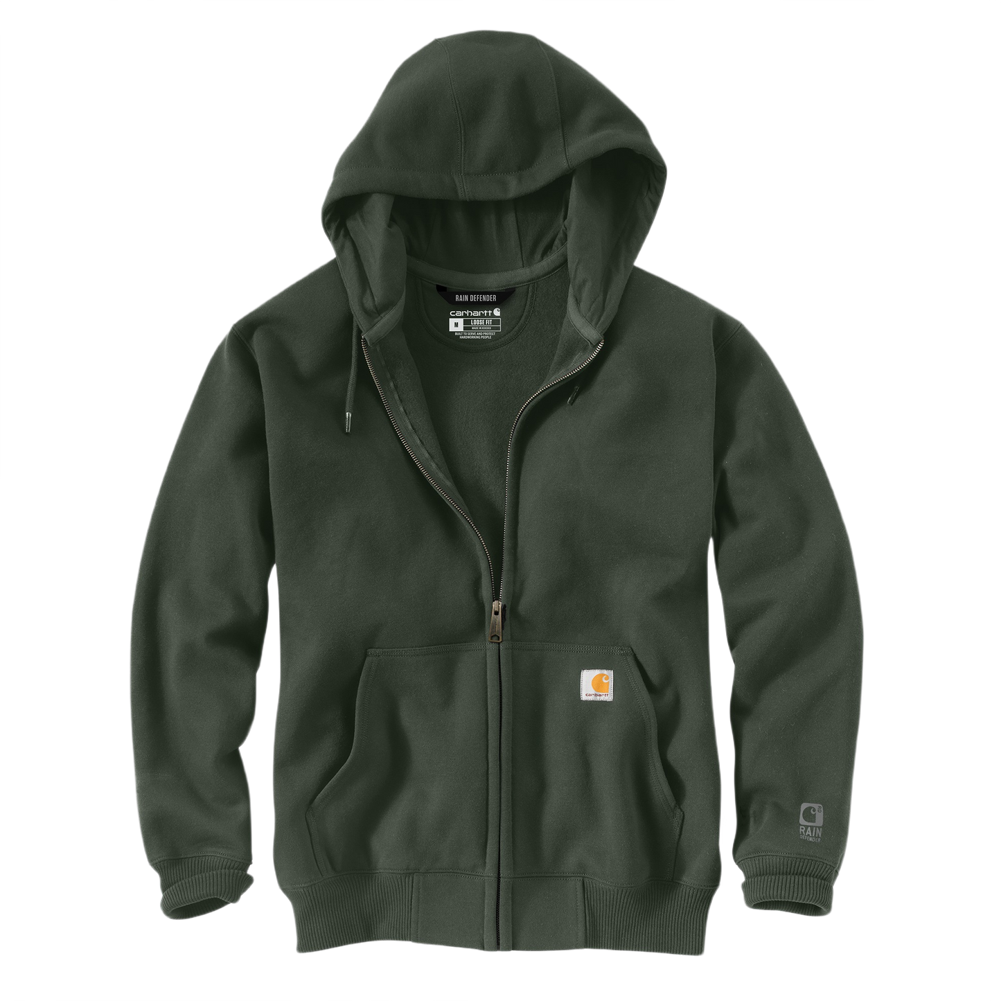 Men’s heavyweight loose fit full-zip hoodie in dark green with hood, front pockets, and water-resistant Rain Defender finish
