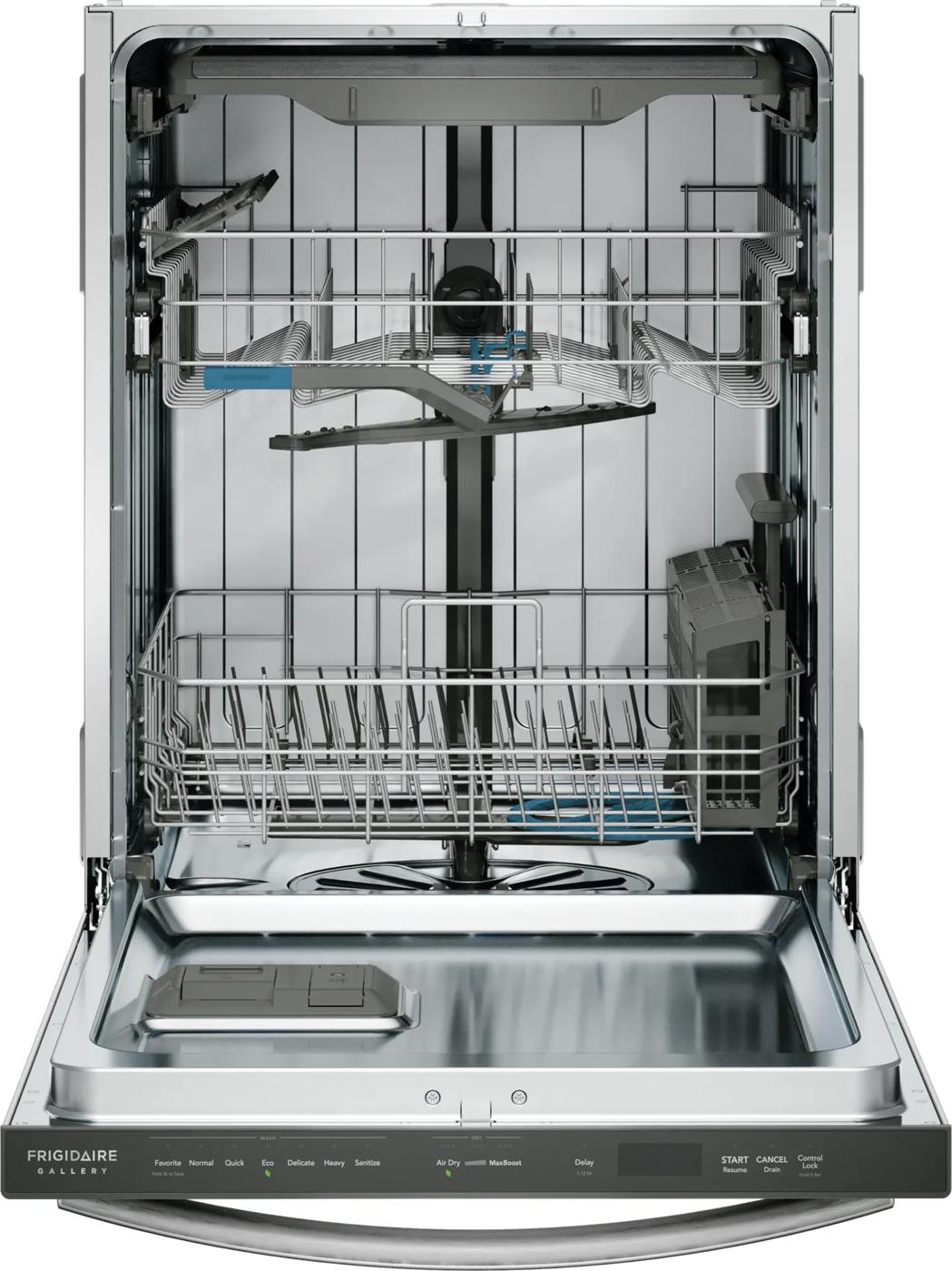 Open stainless steel built-in dishwasher interior with adjustable racks and detergent dispenser from kitchen appliances collection