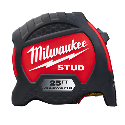 Compact Milwaukee STUD 25-foot magnetic tape measure with durable black and red housing for woodworking and hand tools collections