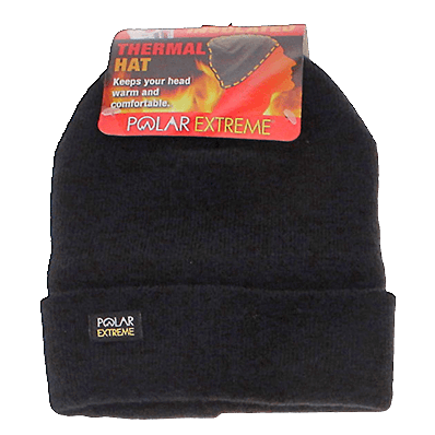 Black thermal knit hat with fleece lining for extra warmth in accessories and clothing collections under $50