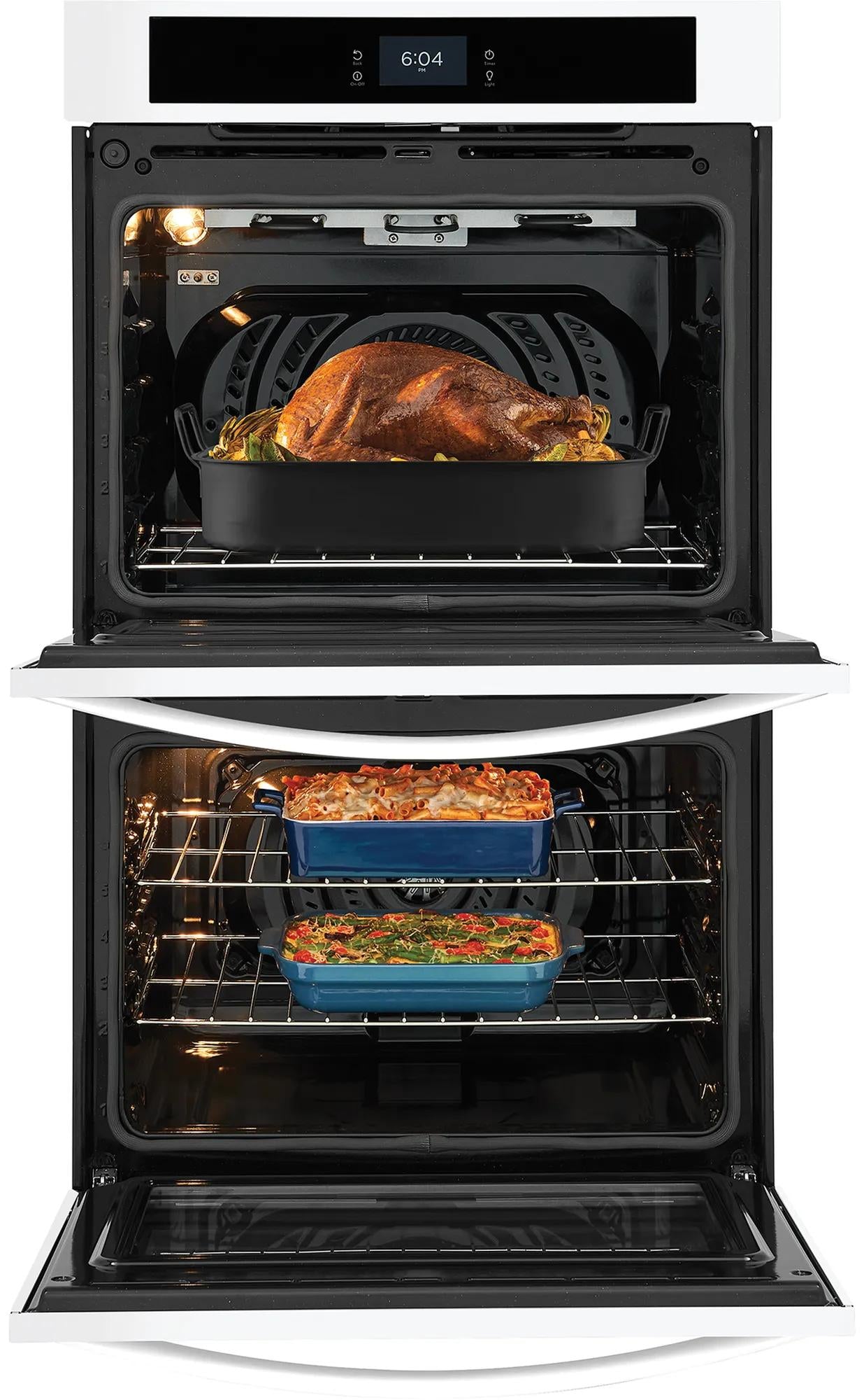 White double electric wall oven with convection fan baking a roasted turkey and casseroles for kitchen appliances collections