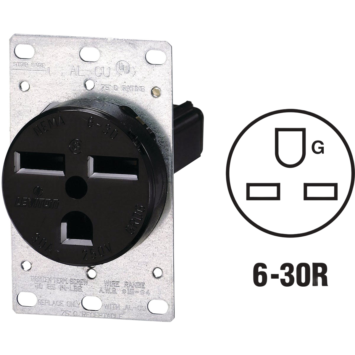 Black flush mount 30 amp power outlet with metal mounting plate for electrical boxes and home improvement projects