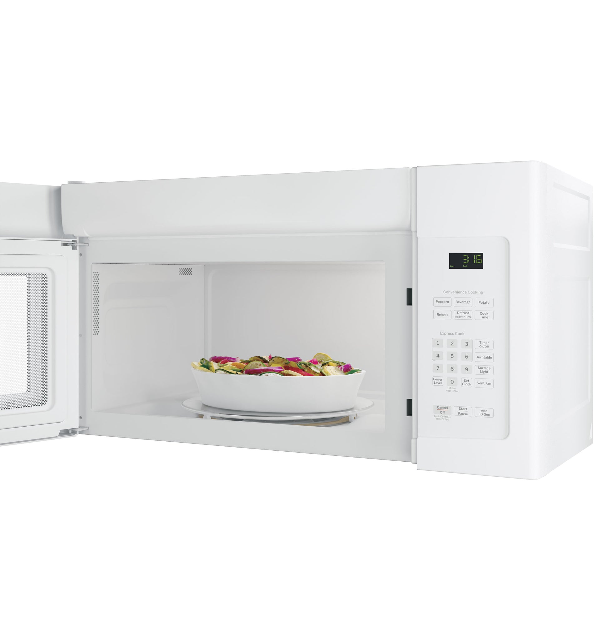 White over-the-range microwave with open door, digital control panel, and bowl of food inside in kitchen appliances collection