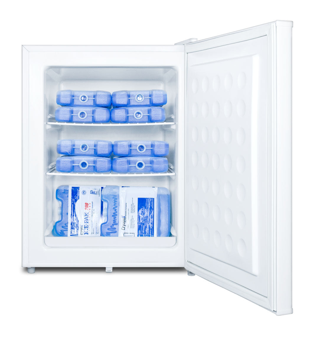 Compact white all-freezer with open door showing shelves stocked with ice packs and frozen goods in appliances collection