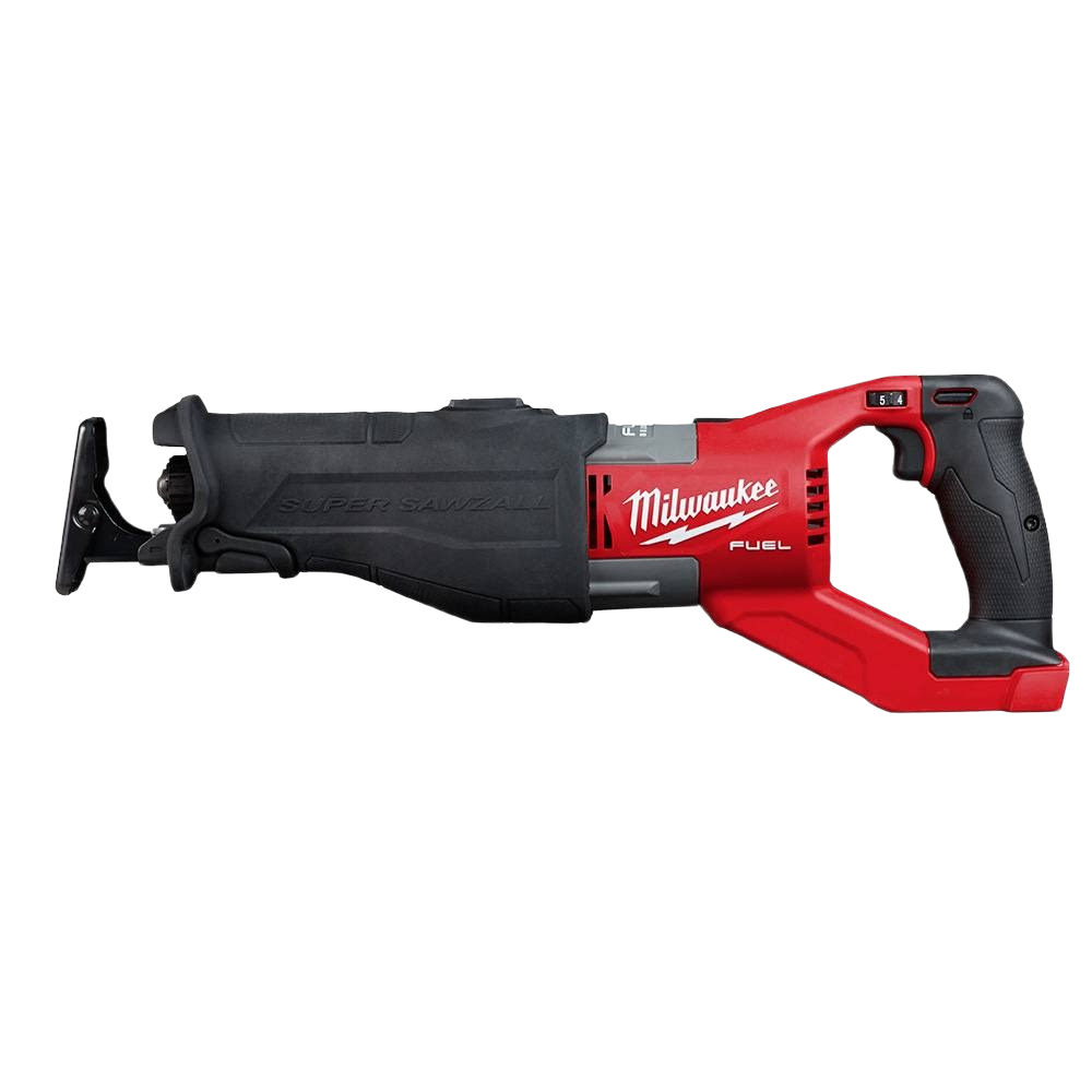 Red and black cordless reciprocating saw with ergonomic handle designed for heavy-duty home improvement tasks