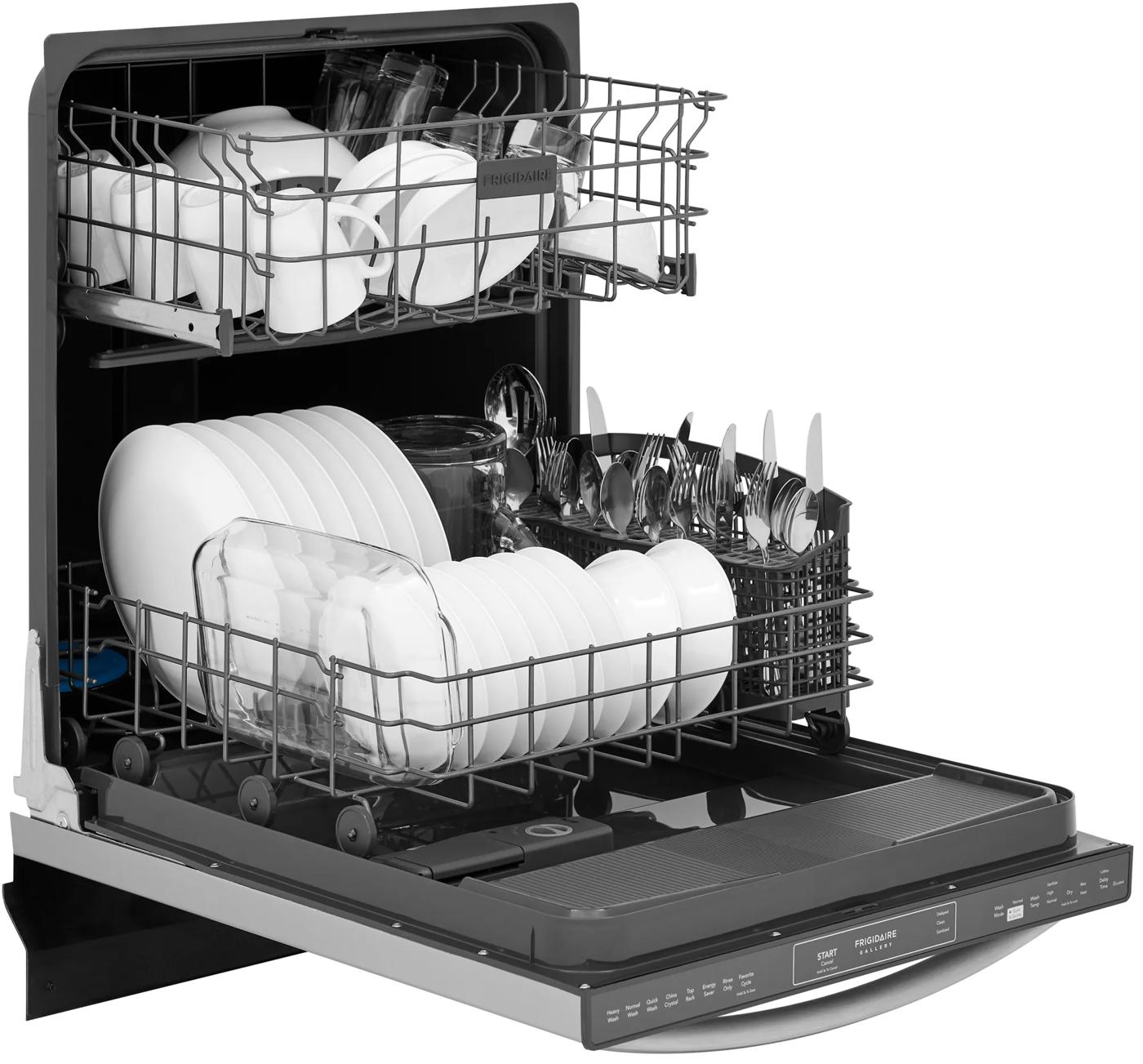 Open stainless steel dishwasher with loaded racks and utensil basket in Dishwashers and Kitchen & Kitchenware collections