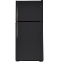 Matte black top-freezer refrigerator with vertical handles, suitable for garages and kitchen appliance collections