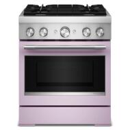 Front view of pink 30-inch dual fuel range with four burners and stainless steel control panel in KitchenAid collection