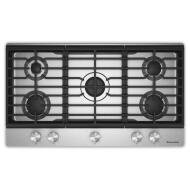 Stainless steel 36-inch gas cooktop with five burners, including a powerful central burner and edge-to-edge cast-iron grates, part of kitchen appliances in cooktops and home improvement.