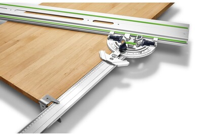 Adjustable metal angle stop clamped to aluminum guide rail for precise angled cuts in woodworking tool accessories collections