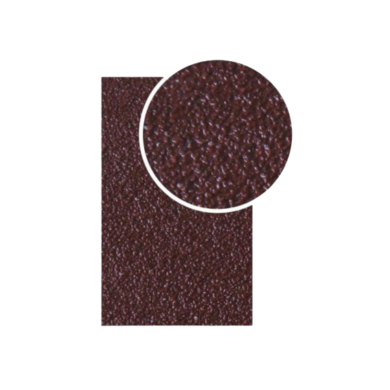Close-up of dark reddish aluminum oxide abrasive belt with 60 grit texture for tools and home improvement use
