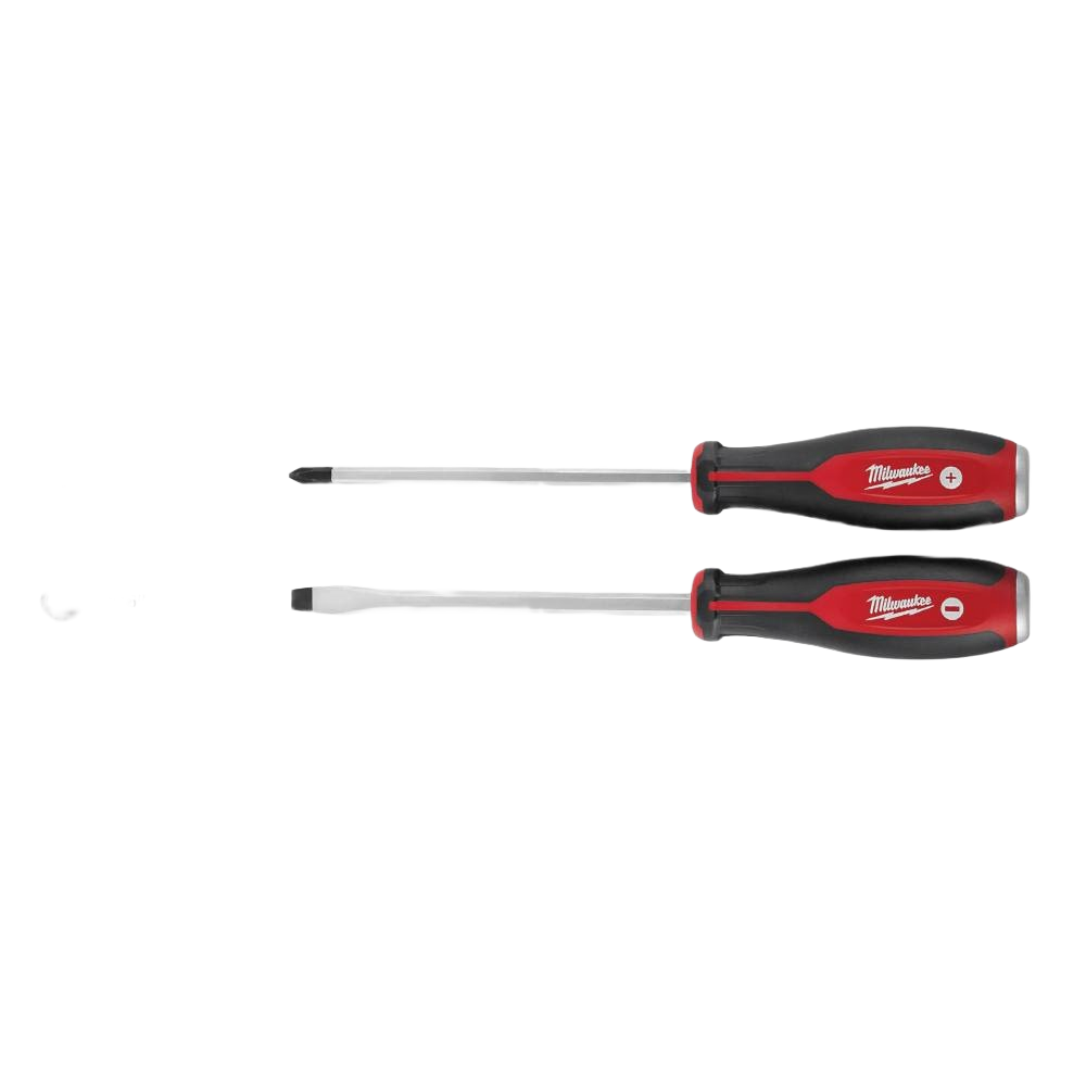 Two-piece Milwaukee demolition screwdriver set with red and black handles for tools and home improvement tasks
