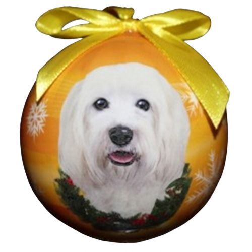 Christmas ball ornament with white Havanese dog portrait, wreath detail, and yellow ribbon for holiday decorations collections