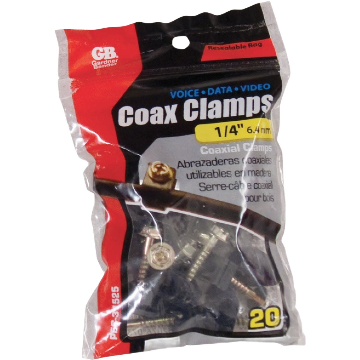 Pack of 20 Gardner Bender coaxial clamps with screws designed for securing 1/4 inch cables in home improvement projects