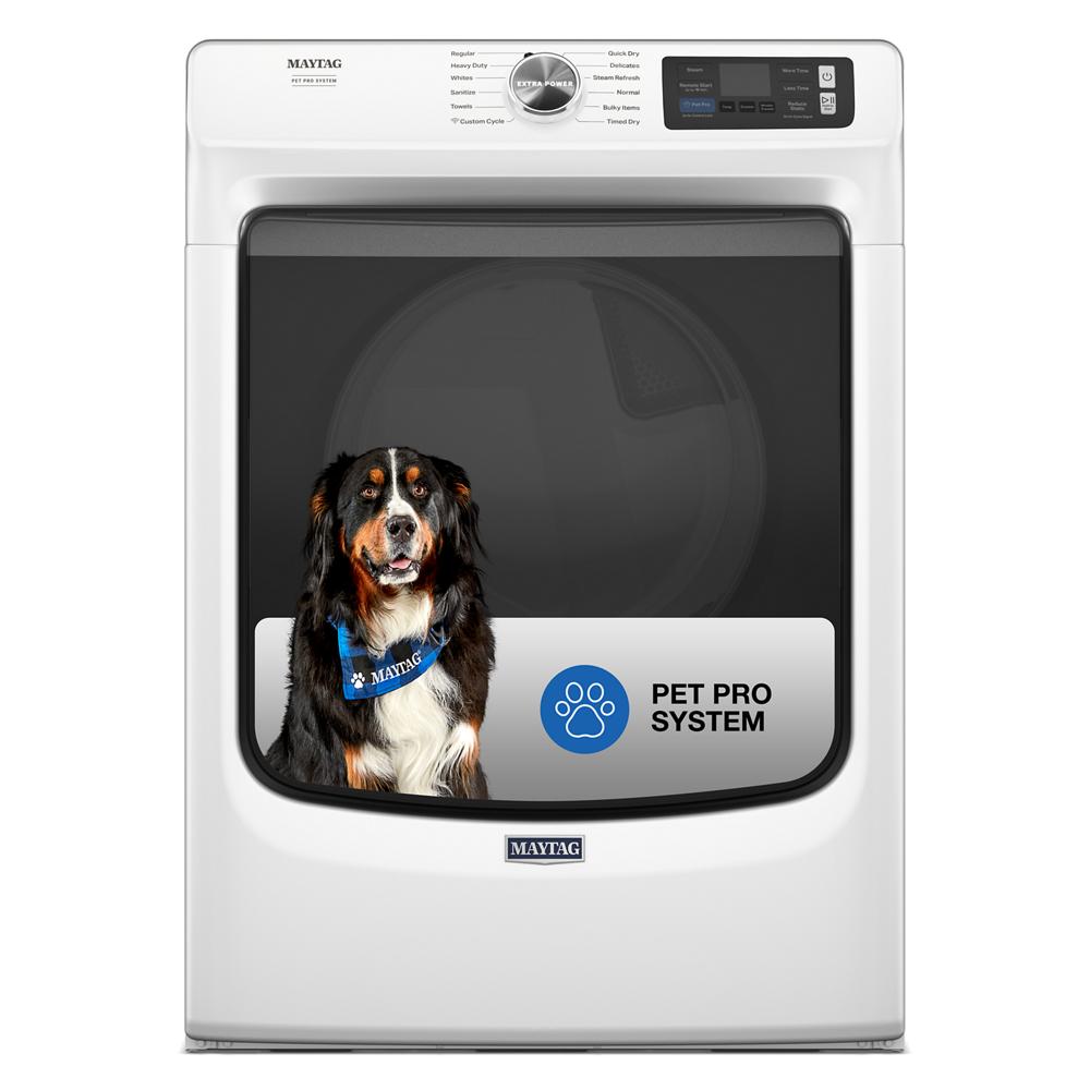 Front load electric dryer with Pet Pro system logo and dog image on door in dryers and appliances collection