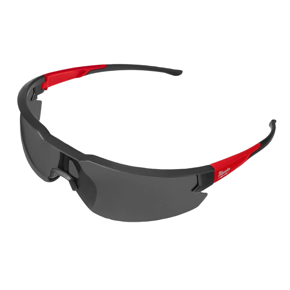 Milwaukee tinted safety glasses with fog-free lenses and red-accented lightweight frame for protective eyewear