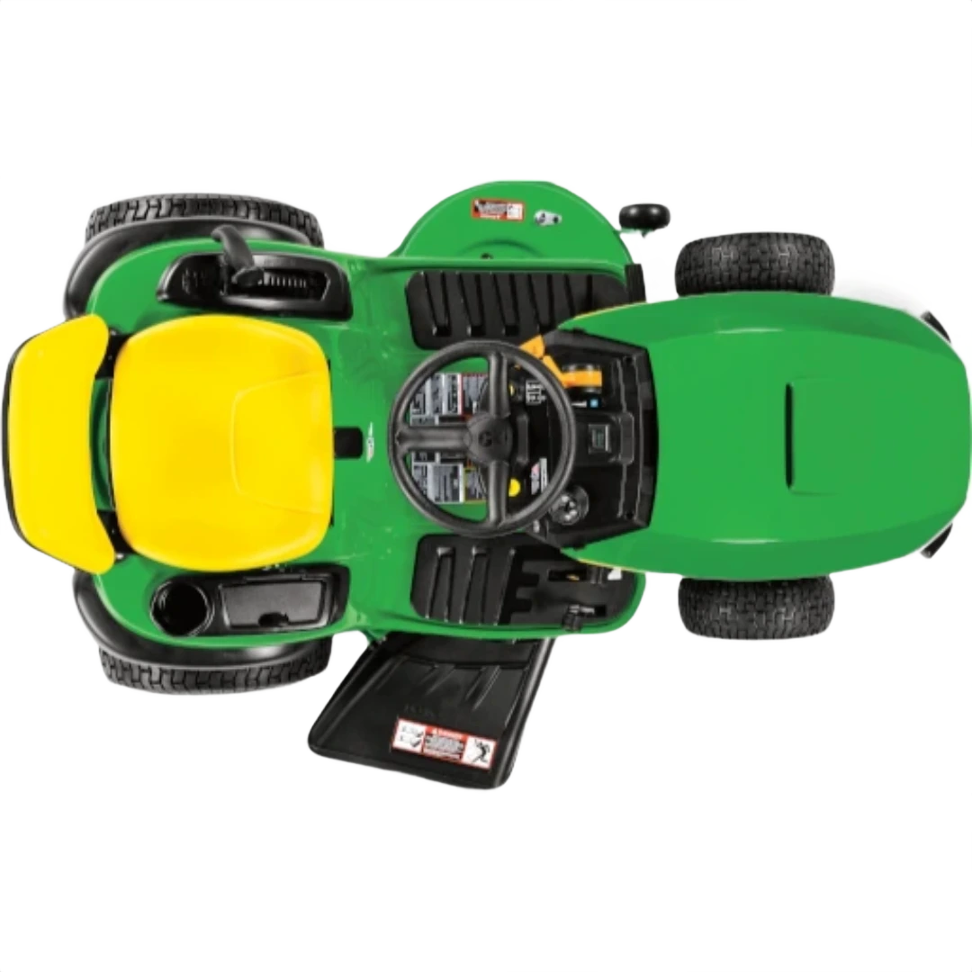 Top-down view of green and yellow riding mower with 42-inch deck for lawn care in outdoor power equipment collections