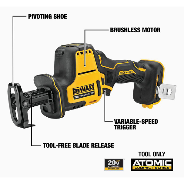 Compact yellow and black cordless reciprocating saw with brushless motor and tool-free blade release for home improvement tasks