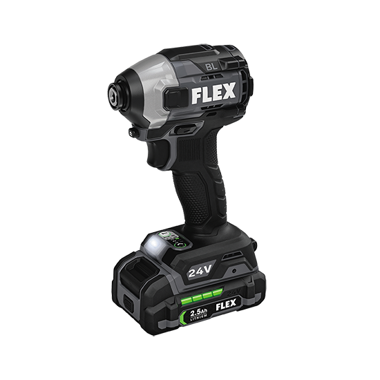 Compact cordless black and silver 24V hex impact driver with ergonomic grip and rechargeable battery for home improvement.