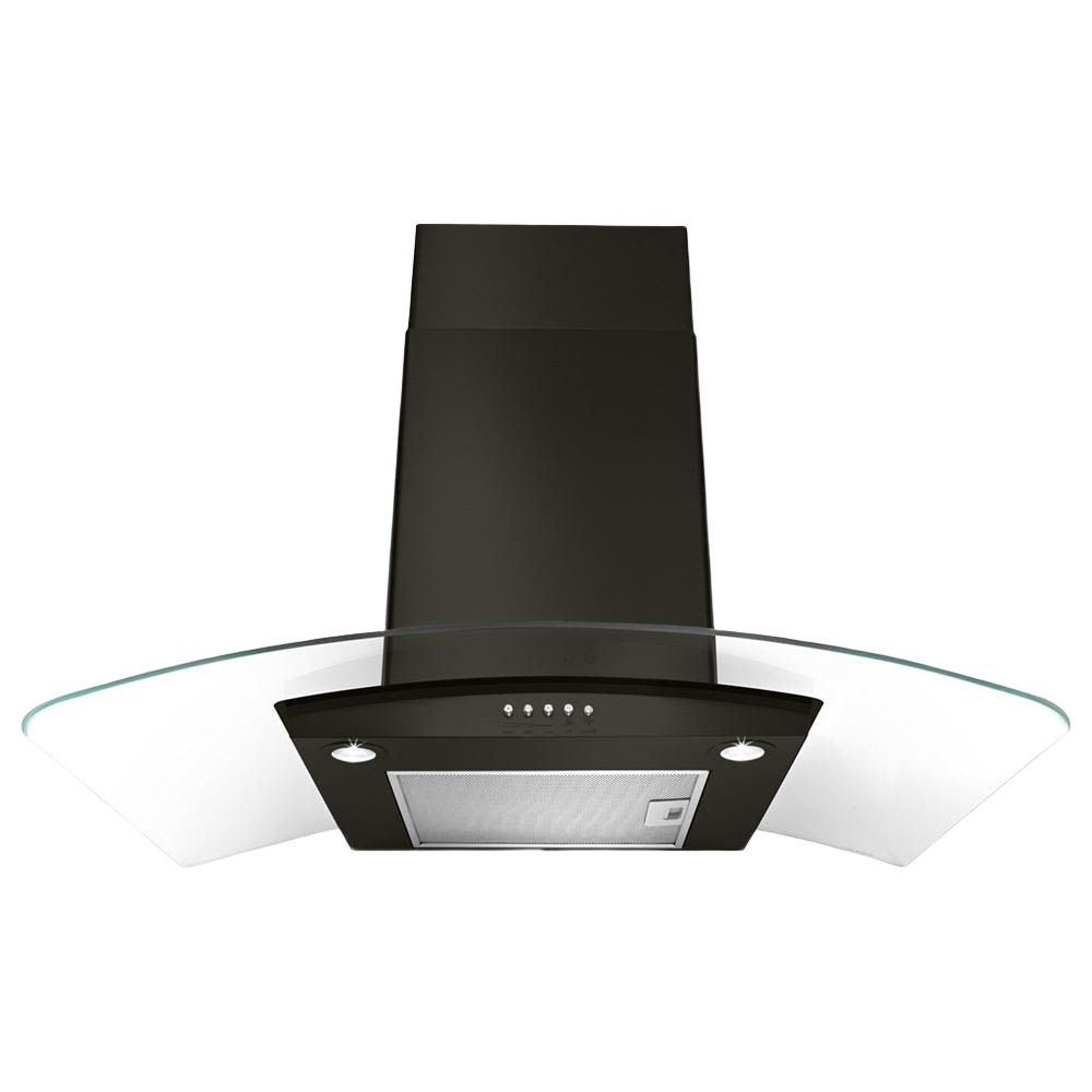 Black wall mount range hood with curved glass canopy, LED task lighting, and multi-speed fan for kitchen ventilation