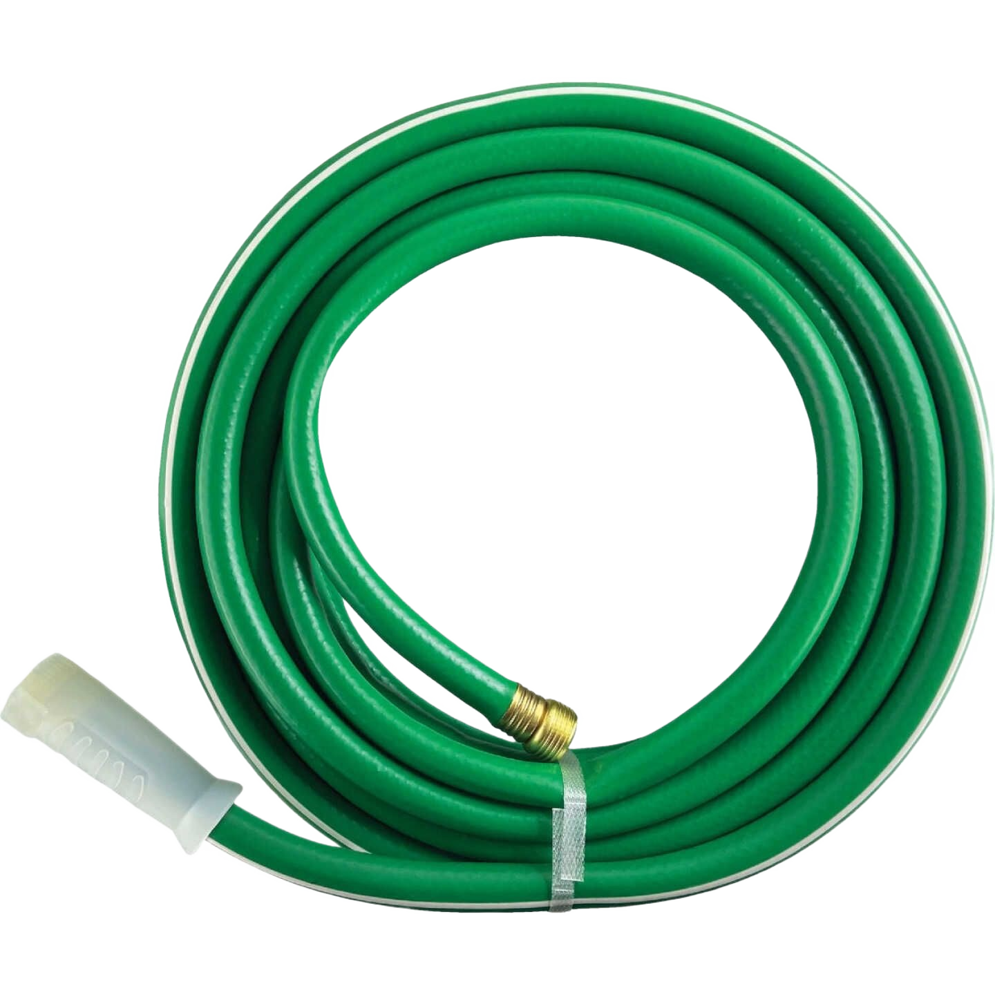 Coiled green medium-duty vinyl garden hose with metal fitting for watering and irrigation in lawn and garden supplies