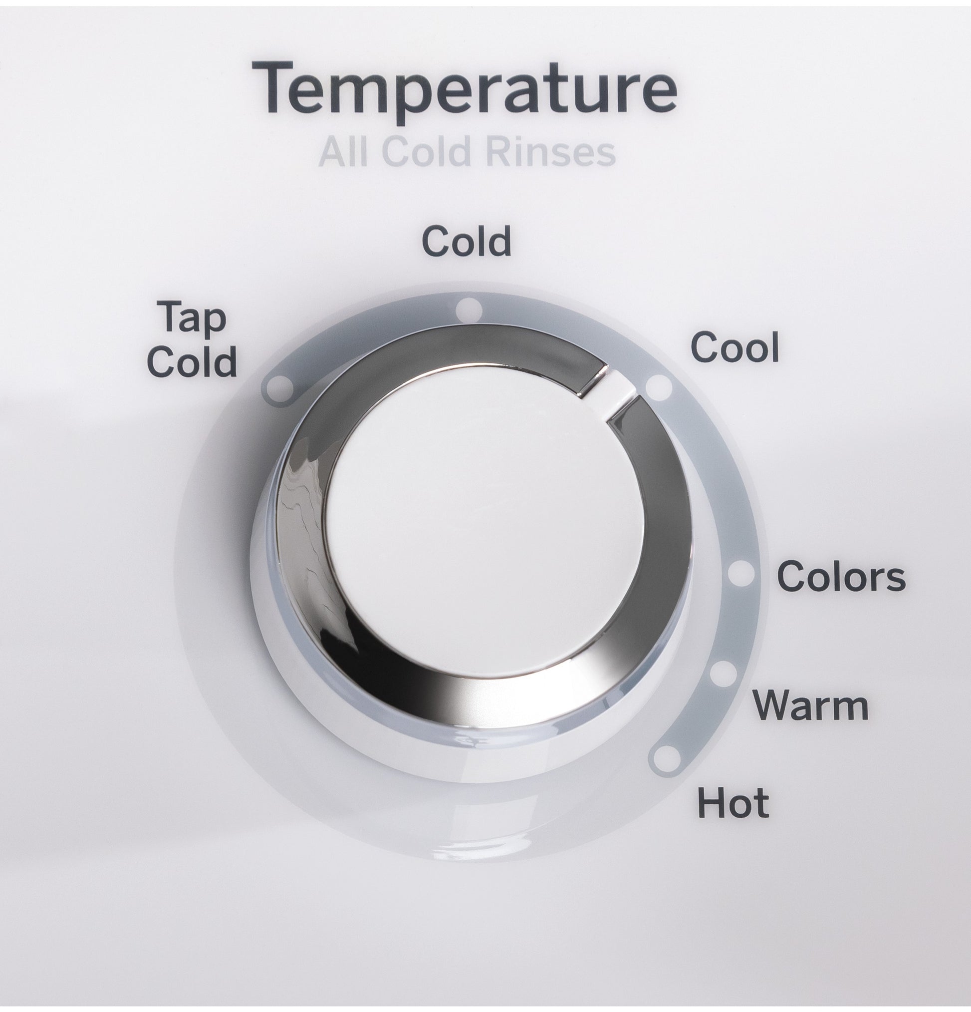 Close-up of washer temperature control knob with settings from tap cold to hot in top load washers and appliances collection