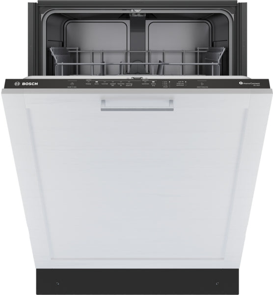 White front panel dishwasher door open showing upper and lower racks for kitchen appliance use