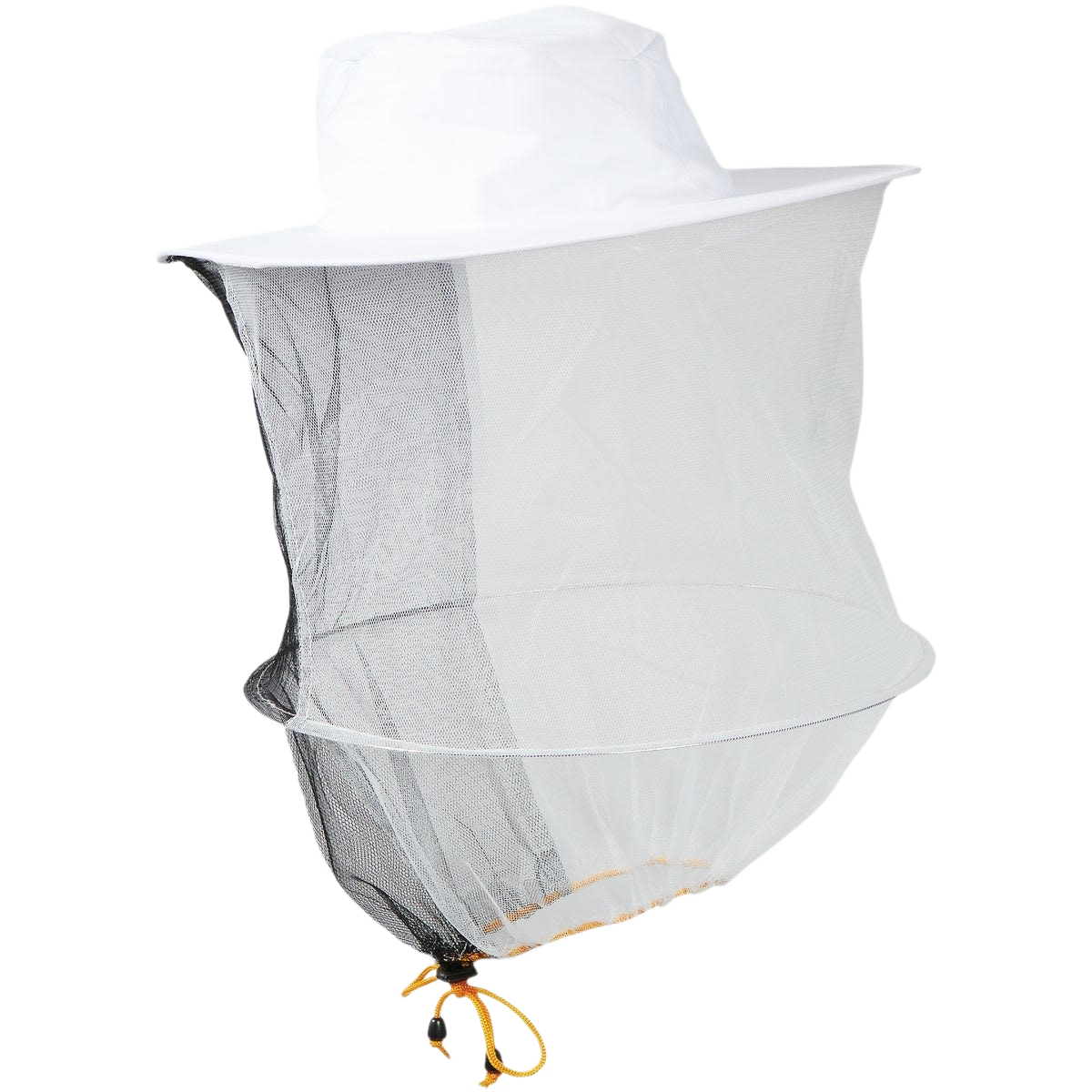 White beekeeping hat with attached fine mesh veil and adjustable drawstring for protection during outdoor tasks