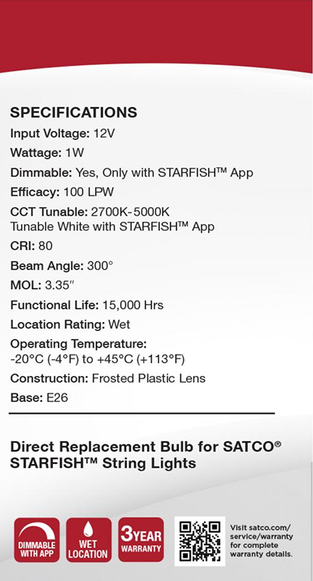 Frosted plastic lens replacement bulb with 2700K-5000K tunable white, wet location rated, dimmable via app for string lights.