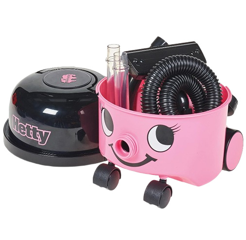 Pink toy vacuum with smiling face and separate black lid, featuring coiled hose and clear plastic attachments