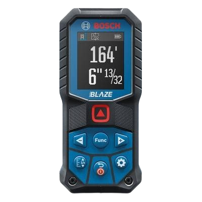 Bosch compact laser measure with digital display and multiple function buttons for precise measuring in woodworking and home improvement tools