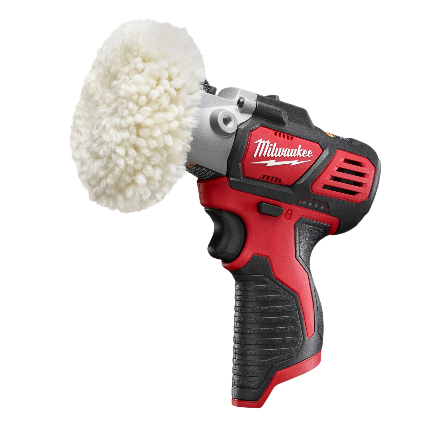 Compact red and black cordless variable speed polisher with soft wool buffing pad for woodworking tools and home improvement
