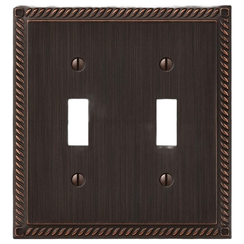 Georgian-style antique bronze double toggle wallplate with decorative twisted rope border for home improvement
