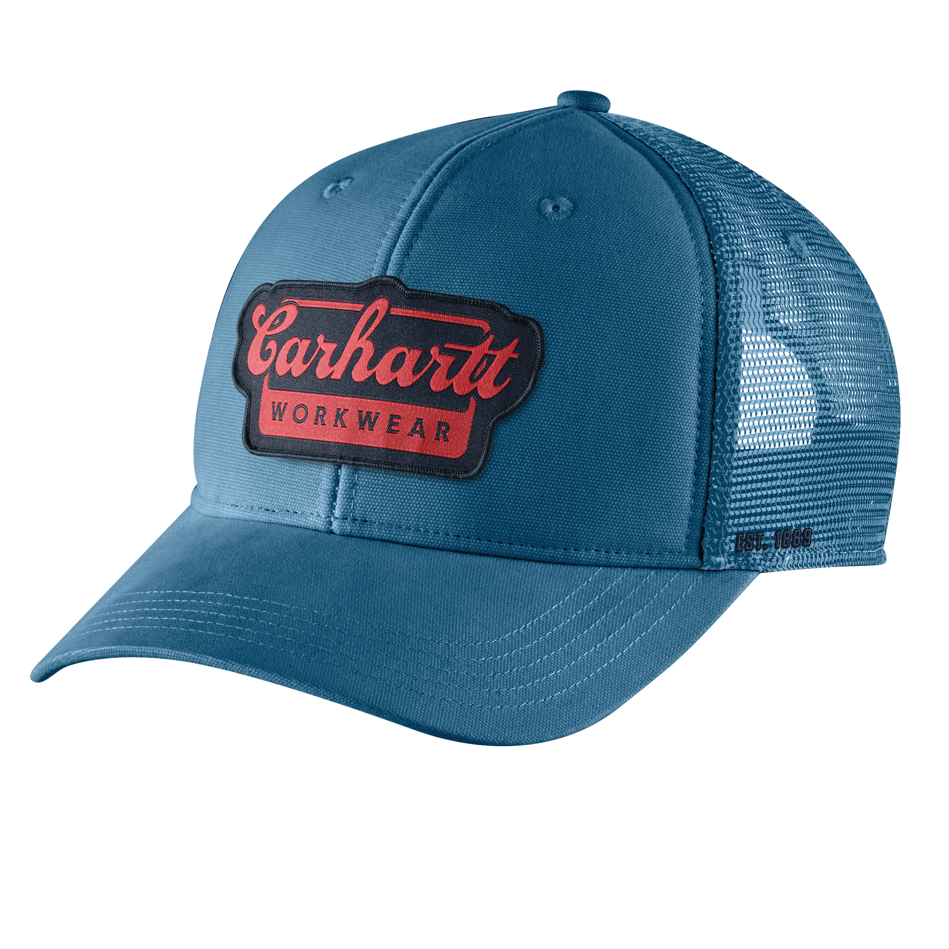Blue rugged flex twill cap with breathable mesh back panels and a red script patch on front, designed for men's casual and workwear accessories.