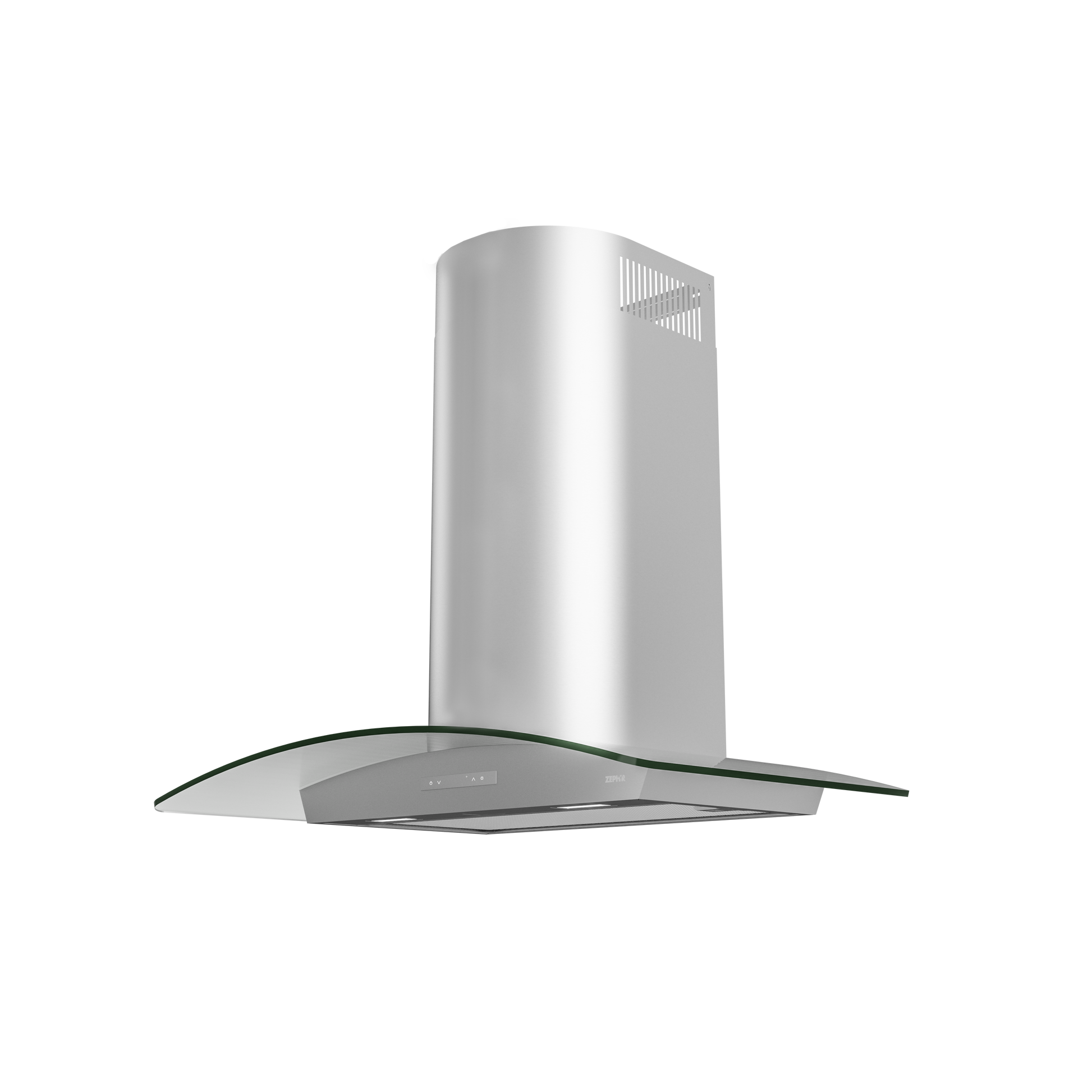 Stainless steel and curved glass chimney hood with LED lights and digital touch controls in over the range hoods collection