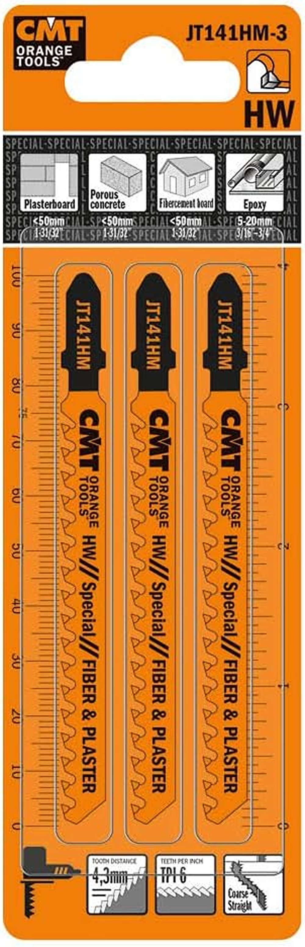 CMT Orange Tools 4” x  6tpi, 3-Pc Carbide Tipped Jig Saw Blades Fiber & Plaster