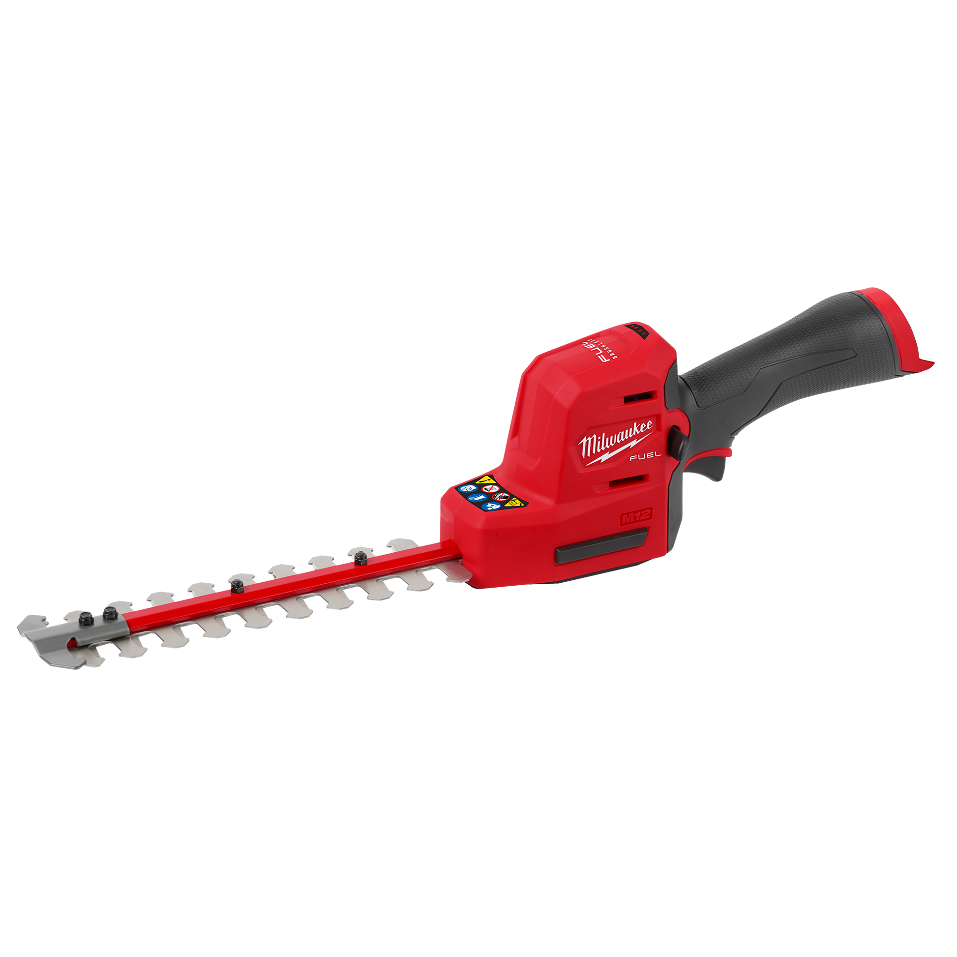 Red cordless hedge trimmer with ergonomic black grip and compact design for home improvement and gardening tasks