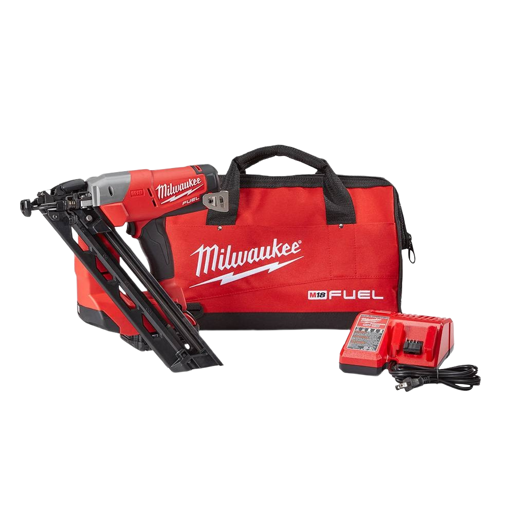 Cordless red and black finish nailer kit with carrying bag and battery charger for tools and home improvement projects