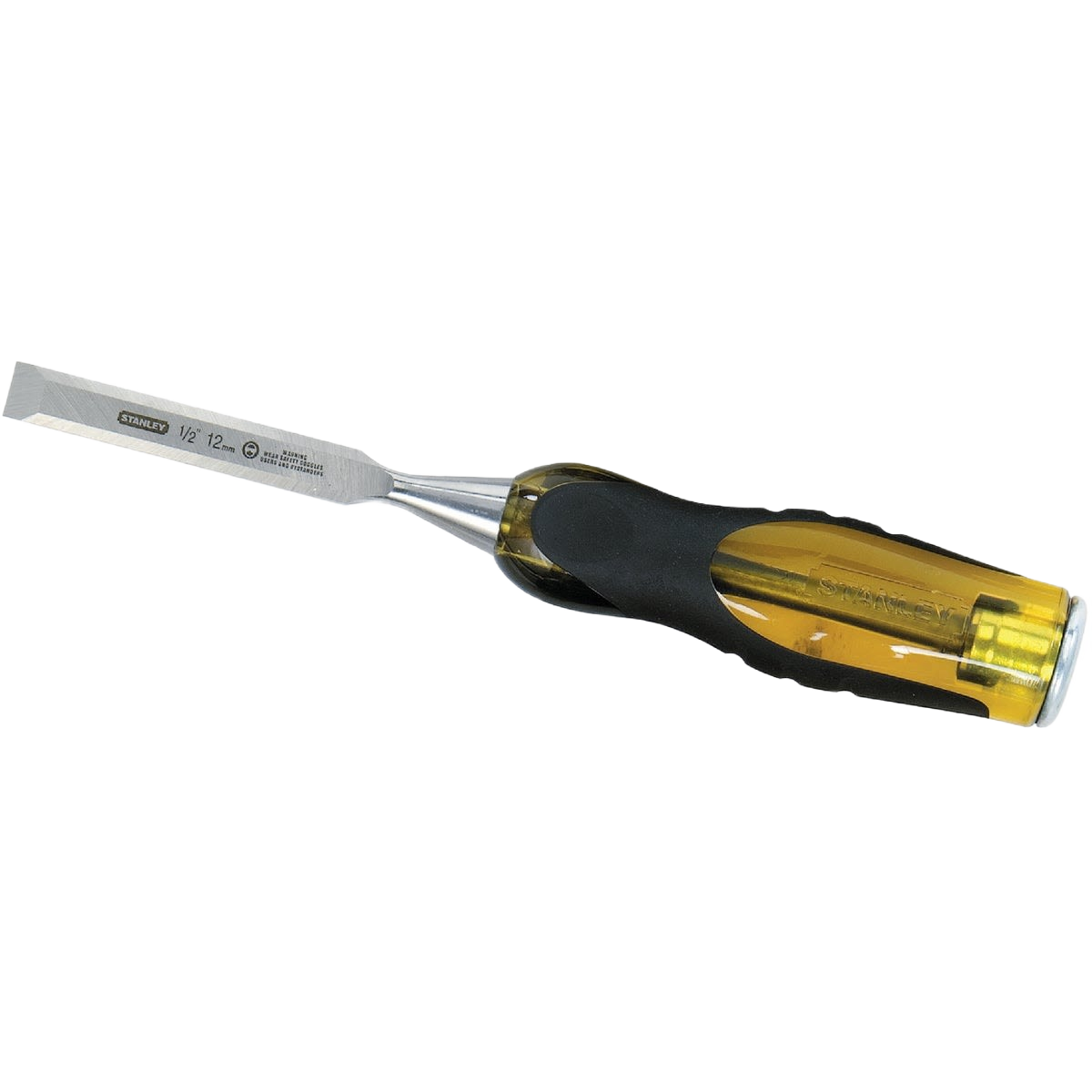 Wood chisel with yellow and black ergonomic handle and sharp beveled edge for precise woodworking tasks