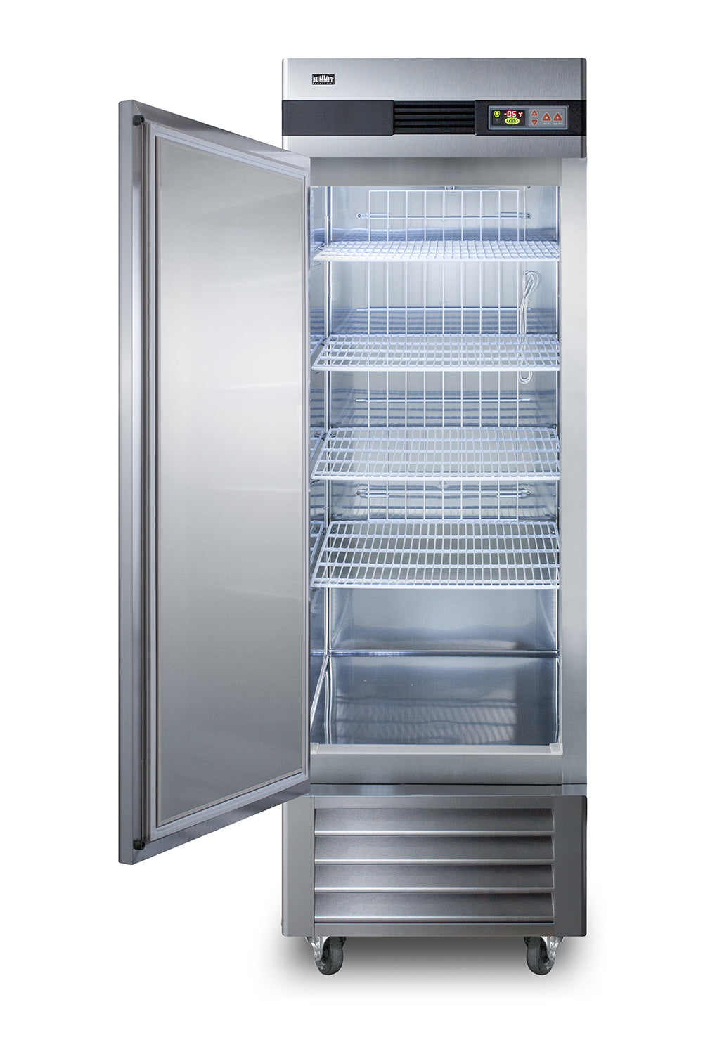 Commercial stainless steel reach-in freezer with wire shelves and digital temperature display in kitchen appliances collection