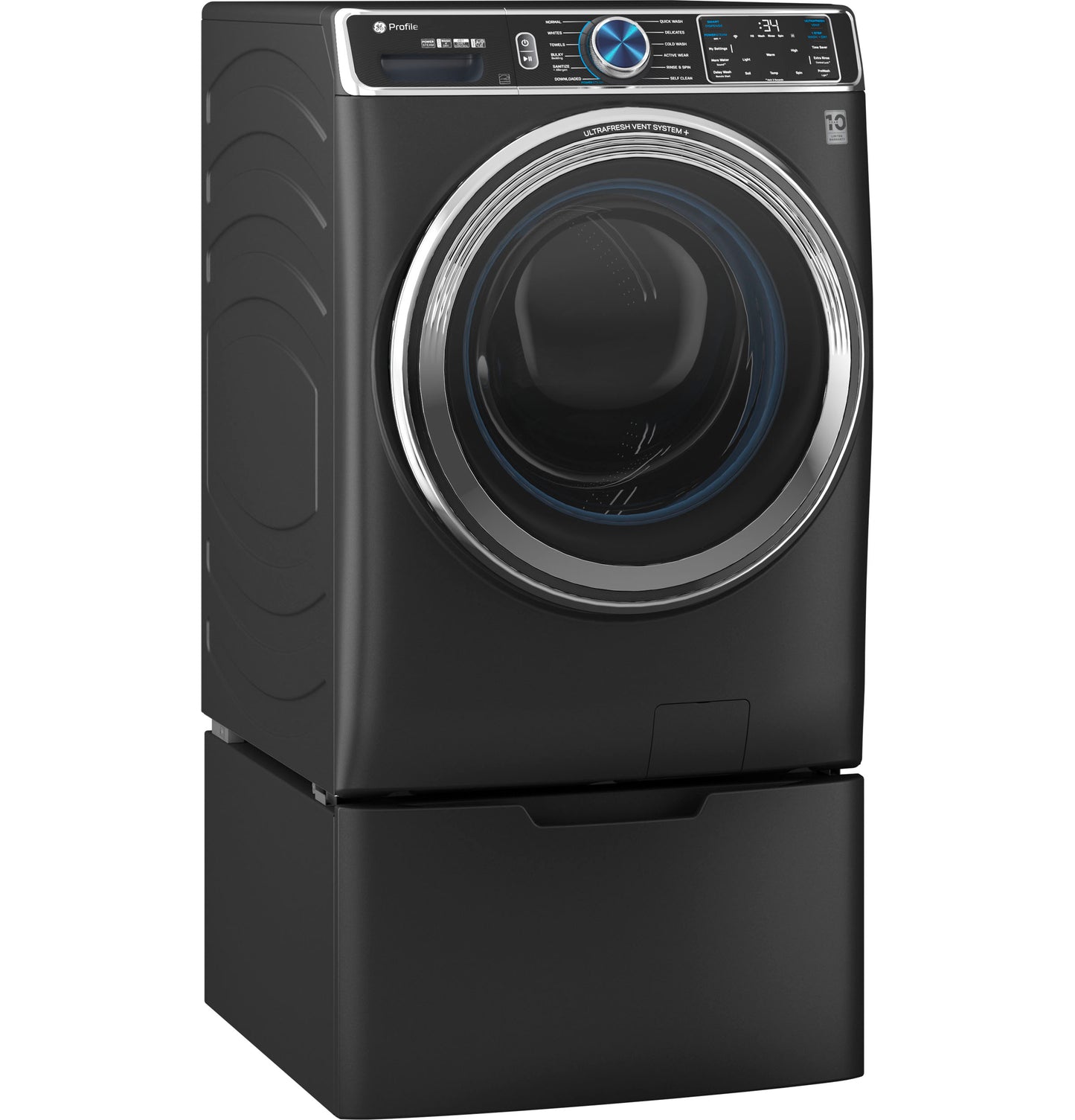 Black front-load washing machine elevated on a matching pedestal from Appliance Parts & Accessories collection