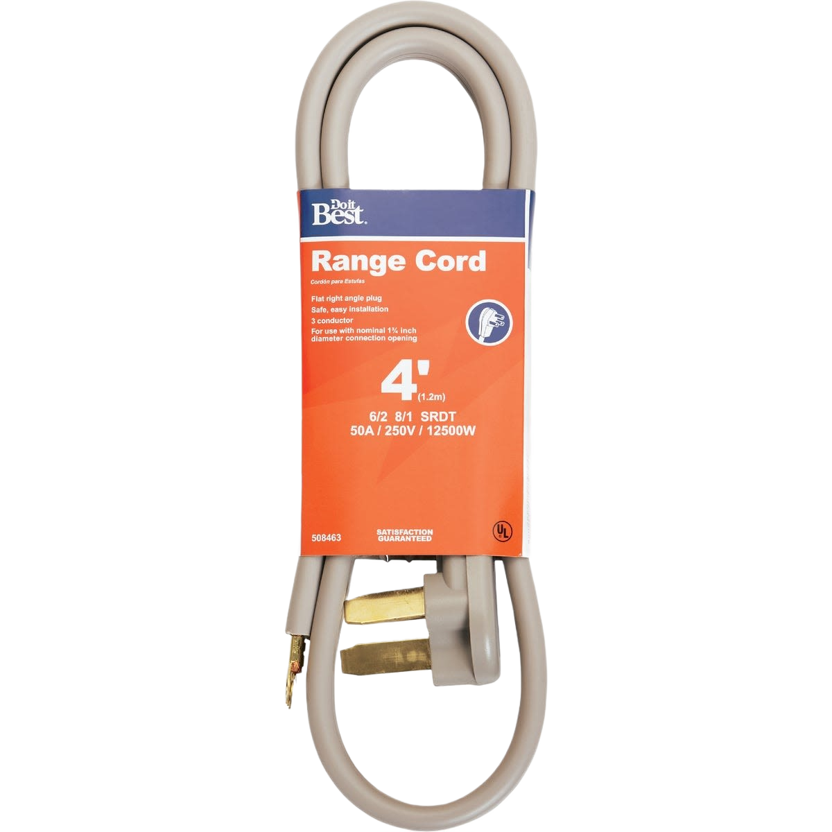 Gray 4-foot 50A range cord with flat right angle plug for safe appliance connection in electrical and appliance parts collections