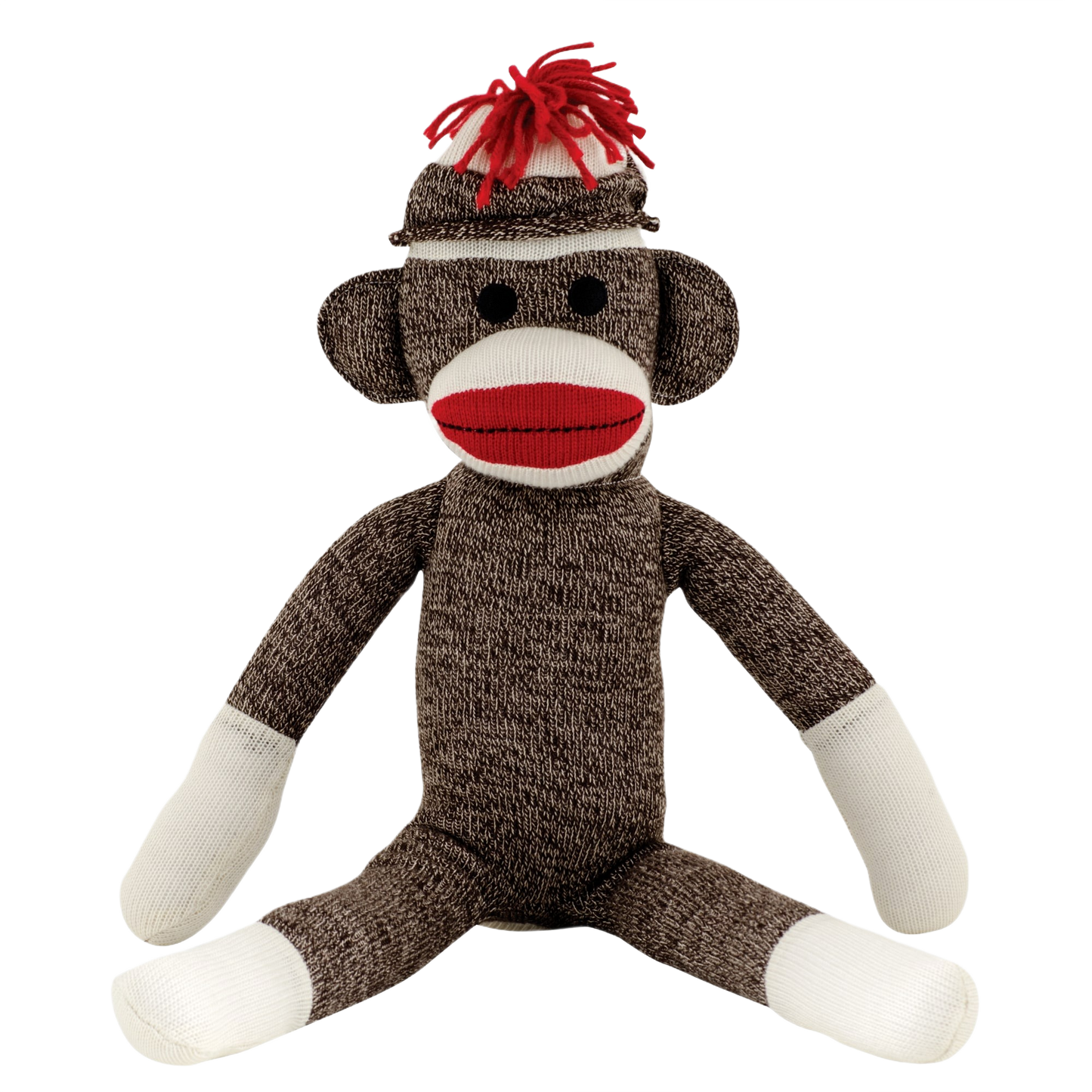 Handcrafted brown and white stuffed sock monkey with red yarn hat and facial features for cozy playtime.