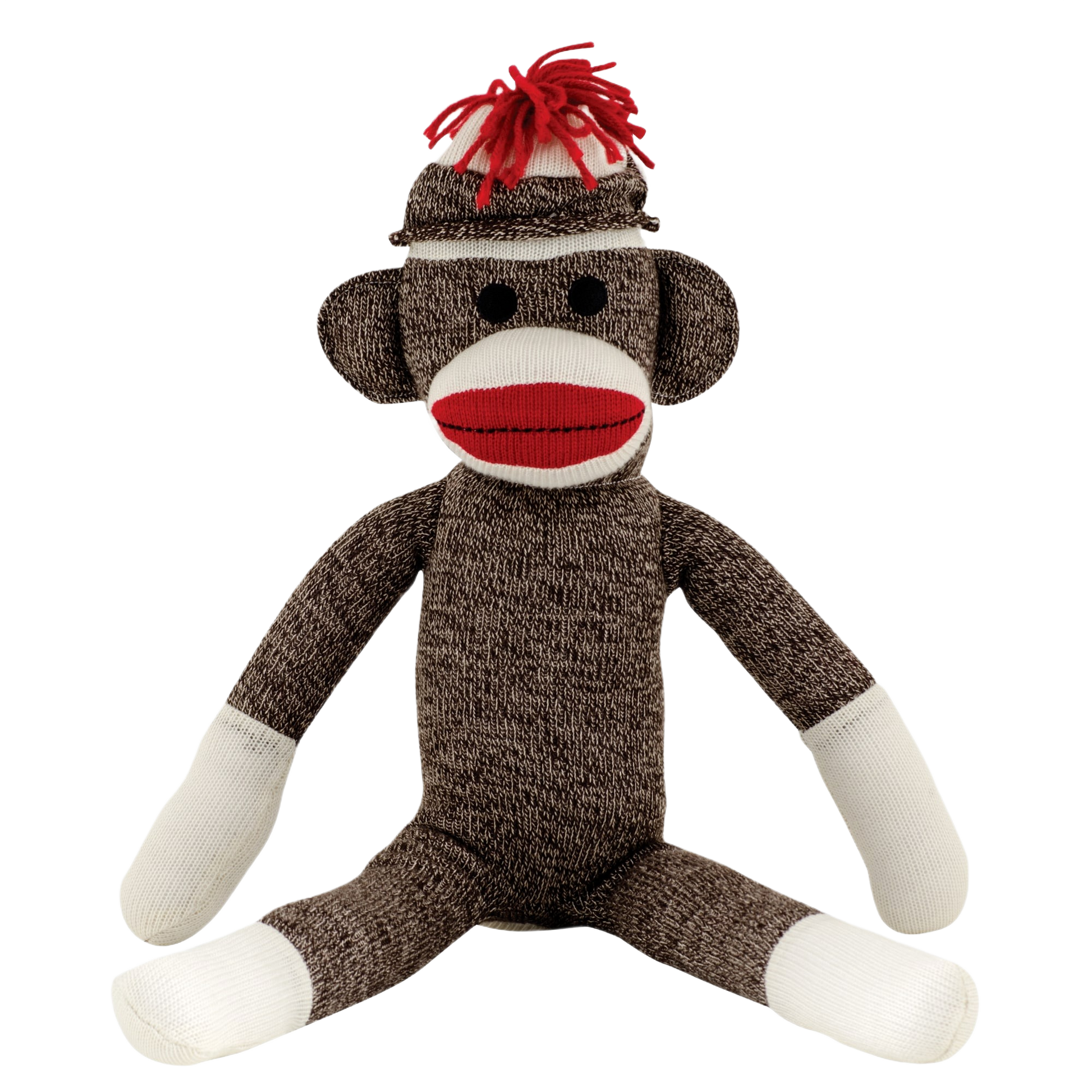 Handcrafted brown and white stuffed sock monkey with red yarn hat and facial features for cozy playtime.