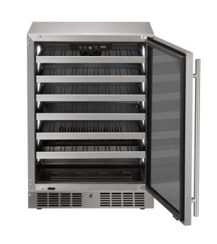 Stainless steel 24 inch wine refrigerator with glass door and multiple metal shelves in kitchen appliances collection