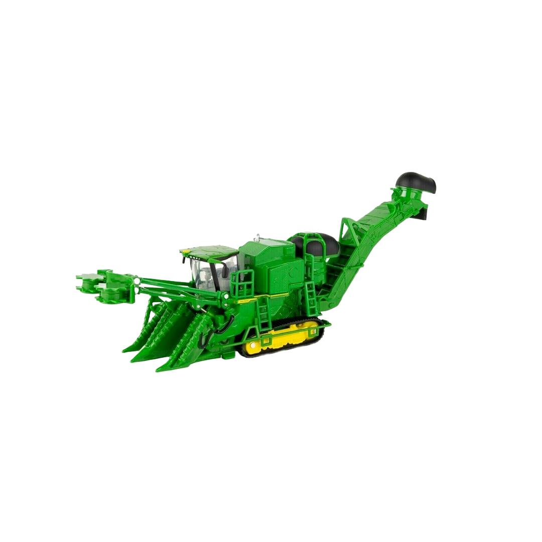 Green 1:64 scale sugar cane harvester model with detailed cab, harvesting mechanisms, and tracked wheels